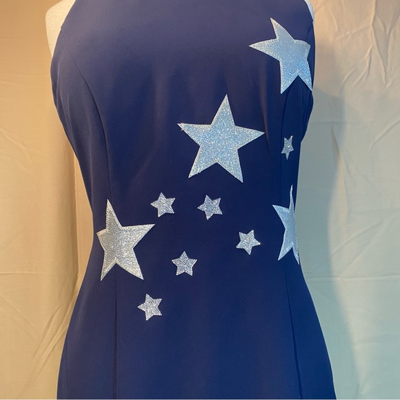 Minuet Navy Blue High Neck Knee Length Sleeveless Dress with Clear Beads Size L - Picture 4 of 9